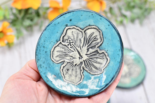 Hibiscus Flower Ceramic Coffee Spoon Rest, Small Handmade Jewelry Trinket Dish, Hand Painted Stoneware Pottery Gift in Teal Blue & Green