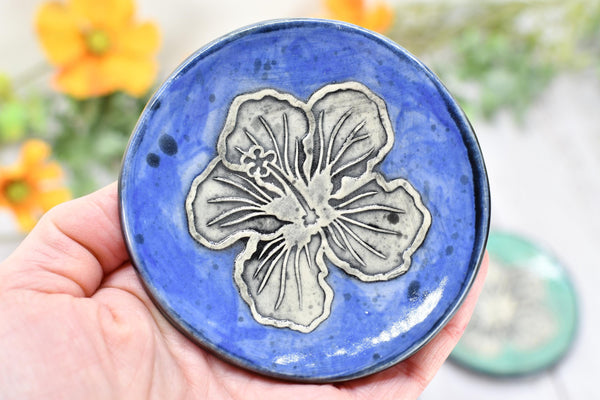 Hibiscus Flower Ceramic Coffee Spoon Rest, Small Handmade Jewelry Trinket Dish, Hand Painted Stoneware Pottery Gift in Teal Blue & Green