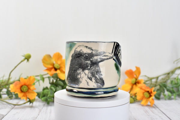 Raven Bird Handmade Pottery Cup, Fuck Funny Ceramic Handleless Whiskey Cocktail Gift, Stoneware Hand Painted, Microwave Safe, Ready to Ship