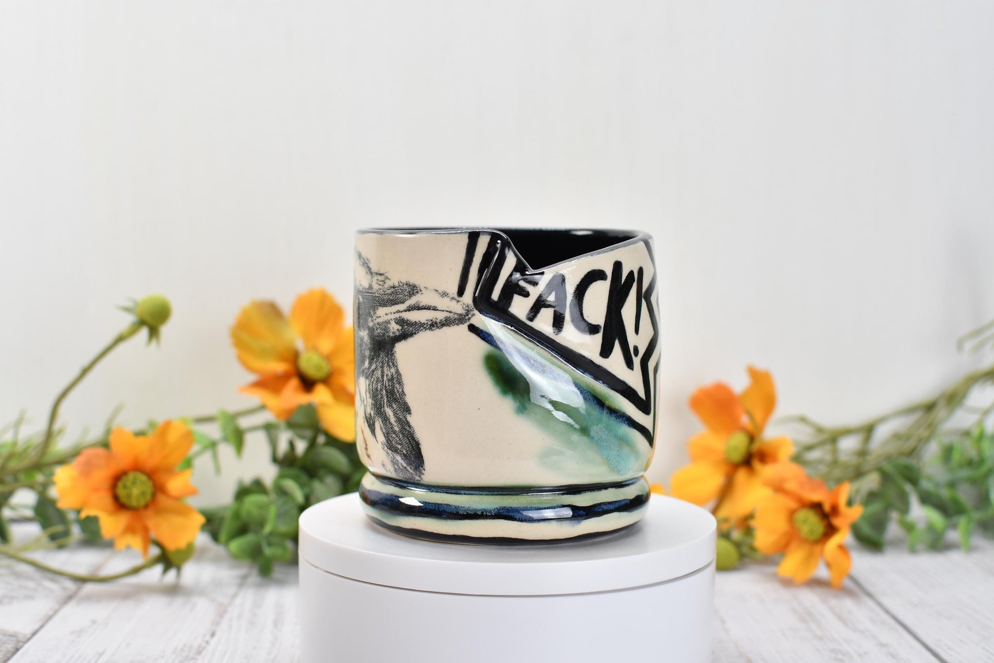 Raven Bird Handmade Pottery Cup, Fuck Funny Ceramic Handleless Whiskey Cocktail Gift, Stoneware Hand Painted, Microwave Safe, Ready to Ship