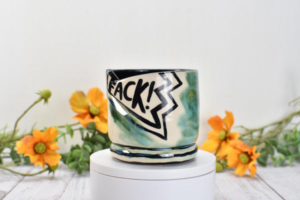 Raven Bird Handmade Pottery Cup, Fuck Funny Ceramic Handleless Whiskey Cocktail Gift, Stoneware Hand Painted, Microwave Safe, Ready to Ship