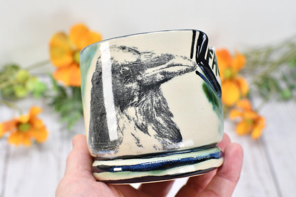 Raven Bird Handmade Pottery Cup, Fuck Funny Ceramic Handleless Whiskey Cocktail Gift, Stoneware Hand Painted, Microwave Safe, Ready to Ship