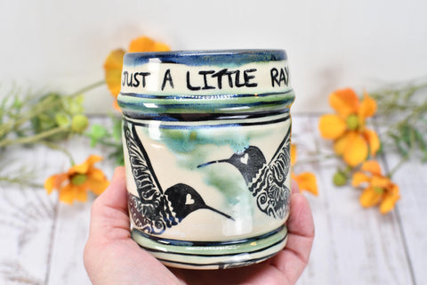 Hummingbird Handmade Pottery Cup, Funny Sarcastic Little Ray of Fucking Sunshine Ceramic Handleless Coffee Gift, Stoneware, Microwave Safe