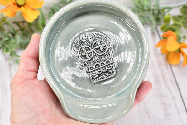 Sugar Skull Large Ceramic Stove Top Spoon Rest, Handmade Stoneware Pottery in Celadon Ice Gray, Coffee & Tea Bag Rest, Day of The Dead