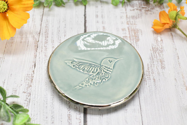 Hummingbird White Gold Jewelry Trinket Dish, Ceramic Handmade Coffee Spoon Rest, Blue Gray Silver Stoneware Wedding Engagement Gift for Her