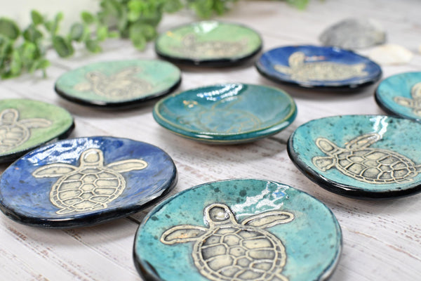 Sea Turtle Ceramic Small Coffee Spoon Rest in Blue, Teal, Green - Handmade Beachy Ocean Life Decor Stoneware Pottery