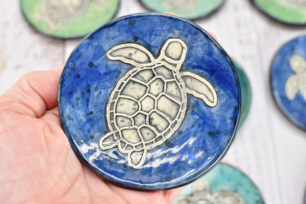 Sea Turtle Ceramic Small Coffee Spoon Rest in Blue, Teal, Green - Handmade Beachy Ocean Life Decor Stoneware Pottery