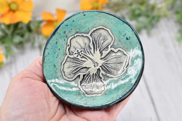 Hibiscus Flower Ceramic Coffee Spoon Rest, Small Handmade Jewelry Trinket Dish, Hand Painted Stoneware Pottery Gift in Teal Blue & Green