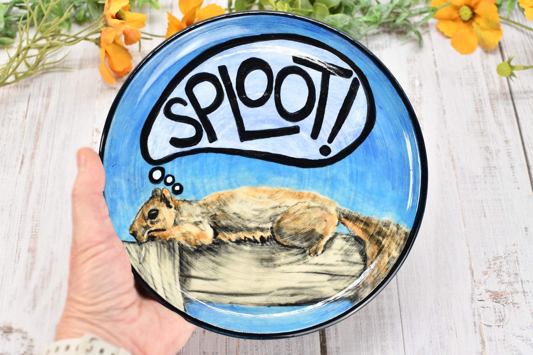 Squirrel Hand Painted Ceramic Plate, Sploot! Handmade Stoneware, Funny Summer Backyard Wildlife Wheel Thrown Pottery Gift