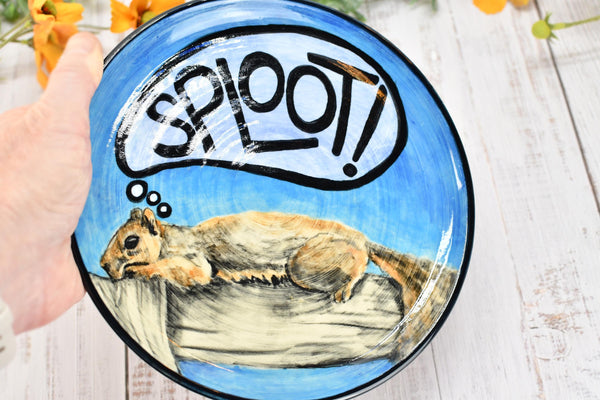 Squirrel Hand Painted Ceramic Plate, Sploot! Handmade Stoneware, Funny Summer Backyard Wildlife Wheel Thrown Pottery Gift