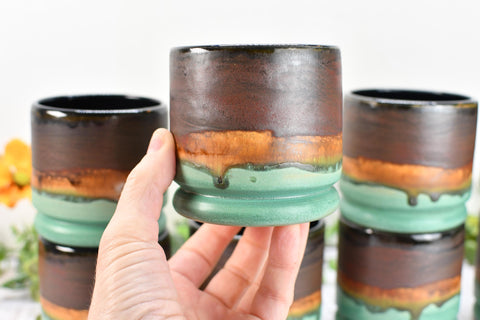 Bronze Whiskey Bourbon Tumblers, Handmade Ceramic Pottery Scotch Barware Anniversary or Gift for Groomsmen in Black, Patina Green, Turquoise