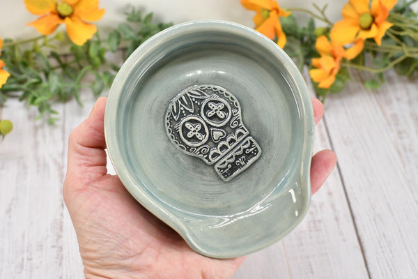 Sugar Skull Large Ceramic Stove Top Spoon Rest, Handmade Stoneware Pottery in Celadon Ice Gray, Coffee & Tea Bag Rest, Day of The Dead