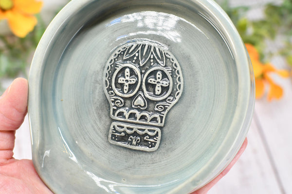 Sugar Skull Large Ceramic Stove Top Spoon Rest, Handmade Stoneware Pottery in Celadon Ice Gray, Coffee & Tea Bag Rest, Day of The Dead