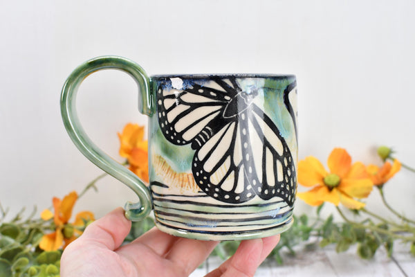 Monarch Butterfly Ceramic Coffee Mug, Funny Handmade Pottery Stoneware, Large Cup in Black, Green, White - Unique Gift