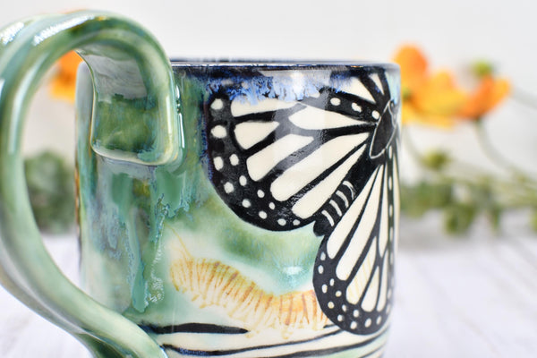 Monarch Butterfly Ceramic Coffee Mug, Funny Handmade Pottery Stoneware, Large Cup in Black, Green, White - Unique Gift