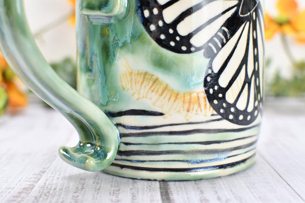 Monarch Butterfly Ceramic Coffee Mug, Funny Handmade Pottery Stoneware, Large Cup in Black, Green, White - Unique Gift