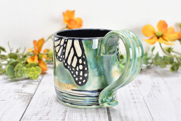 Monarch Butterfly Ceramic Coffee Mug, Funny Handmade Pottery Stoneware, Large Cup in Black, Green, White - Unique Gift