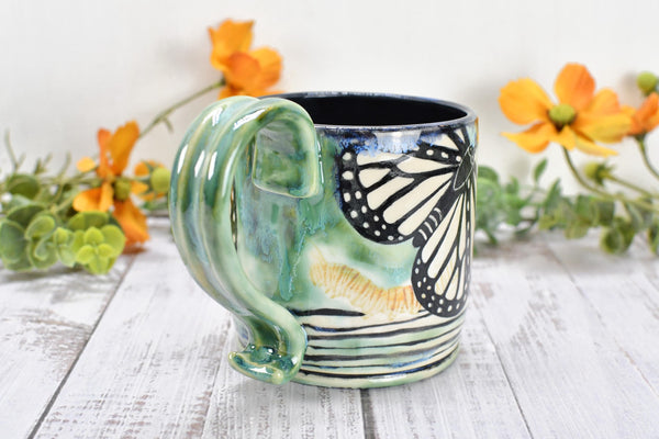 Monarch Butterfly Ceramic Coffee Mug, Funny Handmade Pottery Stoneware, Large Cup in Black, Green, White - Unique Gift