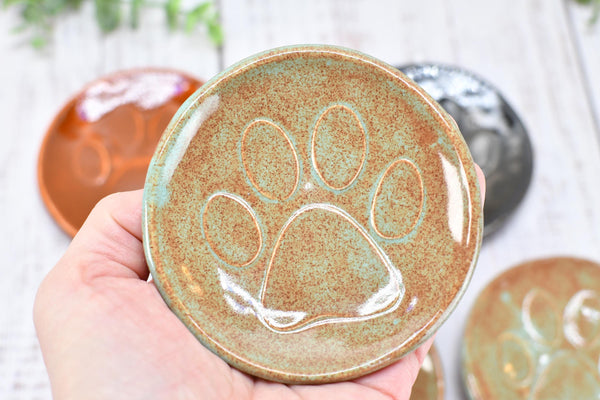 Paw Print Ceramic Small Coffee Spoon Rest, Jewelry Trinket Dish, Handmade Stoneware Pottery in Blue, Green, Teal, Brown, Black, Unique Gift