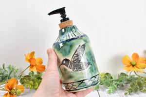 Hummingbird Ceramic Lotion Bottle, Kitchen Liquid Soap Dispenser, Handmade Stoneware Pottery for Bird Lover, in Green Black & White