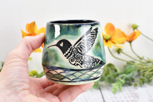 Hummingbird Ceramic Cup, Kitchen or Bath Handmade Stoneware Pottery Gift for Bird Lovers, in Green Black & White