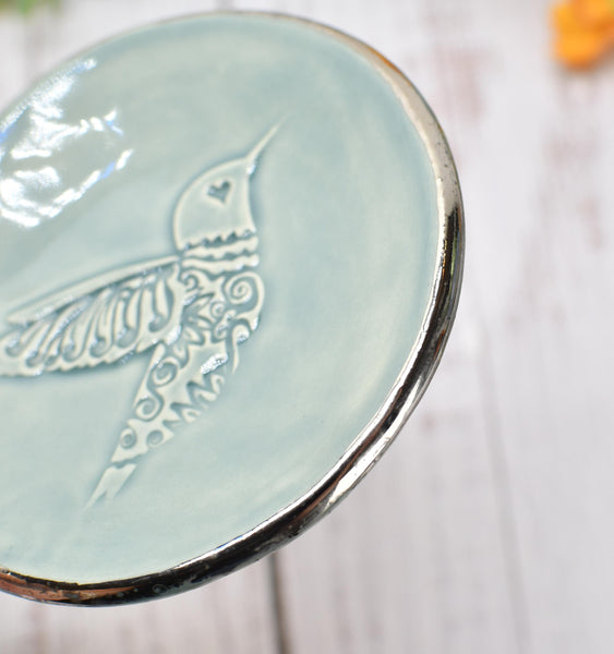 Hummingbird White Gold Jewelry Trinket Dish, Ceramic Handmade Coffee Spoon Rest, Blue Gray Silver Stoneware Wedding Engagement Gift for Her