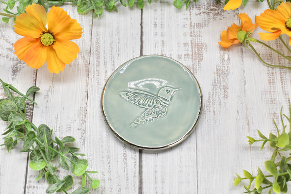 Hummingbird White Gold Jewelry Trinket Dish, Ceramic Handmade Coffee Spoon Rest, Blue Gray Silver Stoneware Wedding Engagement Gift for Her