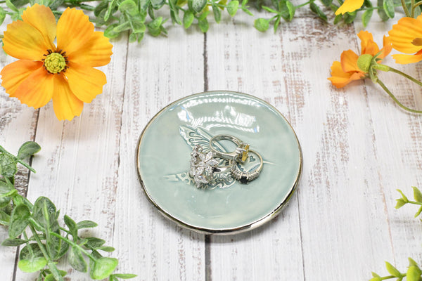 Hummingbird White Gold Jewelry Trinket Dish, Ceramic Handmade Coffee Spoon Rest, Blue Gray Silver Stoneware Wedding Engagement Gift for Her