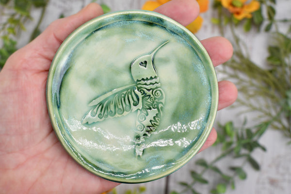 Hummingbird Ceramic Jewelry Trinket Dish, Handmade Coffee Spoon Rest, Stoneware Pottery Gift for Bird Lovers in Green, Teal, and Turquoise