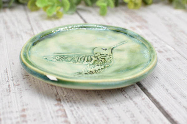 Hummingbird Ceramic Jewelry Trinket Dish, Handmade Coffee Spoon Rest, Stoneware Pottery Gift for Bird Lovers in Green, Teal, and Turquoise