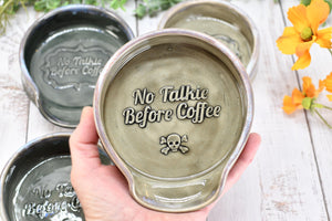 No Talkie Before Coffee Large Ceramic Stove Top Spoon Rest, Handmade Stoneware Pottery in Charcoal Gray Tea Bag Rest with Skull & Crossbones