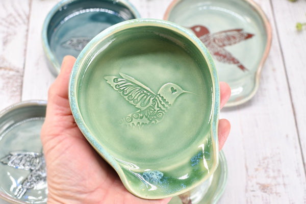 Hummingbird Ceramic Coffee Spoon Rest, Medium and Large Handmade Stoneware Stove Top Pottery in Blue, Gray, Green, Celadon - Gift for Her