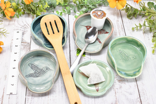 Hummingbird Ceramic Coffee Spoon Rest, Medium and Large Handmade Stoneware Stove Top Pottery in Blue, Gray, Green, Celadon - Gift for Her