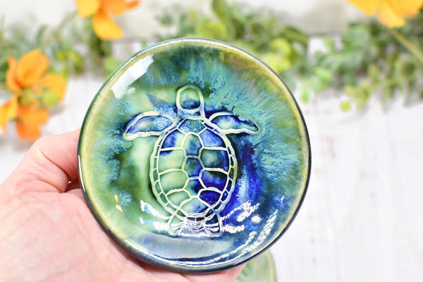 Sea Turtle Ceramic Small Coffee Spoon Rest in Blue, Teal, Green - Handmade Beachy Ocean Life Decor Stoneware Pottery