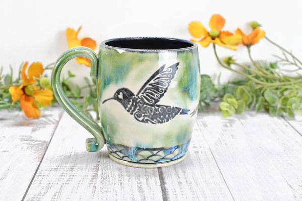 Hummingbird Ceramic Coffee Cup, Handmade Stoneware Pottery Gift for Bird Lovers, Hand Painted in Drippy Green, Black & White