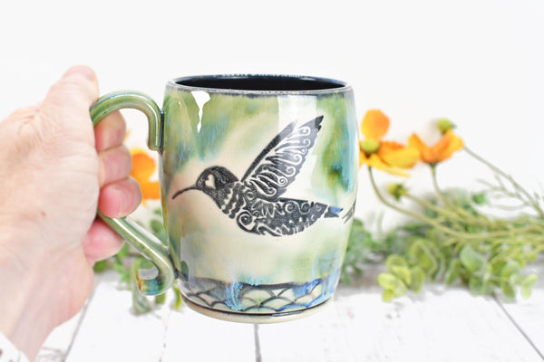 Hummingbird Ceramic Coffee Cup, Handmade Stoneware Pottery Gift for Bird Lovers, Hand Painted in Drippy Green, Black & White