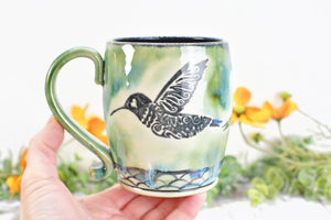 Hummingbird Ceramic Coffee Cup, Handmade Stoneware Pottery Gift for Bird Lovers, Hand Painted in Drippy Green, Black & White