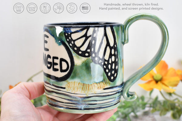 Monarch Butterfly Ceramic Coffee Mug, Funny Handmade Pottery Stoneware, Large Cup in Black, Green, White - Unique Gift