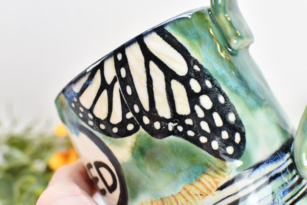 Monarch Butterfly Ceramic Coffee Mug, Funny Handmade Pottery Stoneware, Large Cup in Black, Green, White - Unique Gift