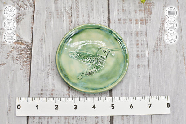 Hummingbird Ceramic Jewelry Trinket Dish, Handmade Coffee Spoon Rest, Stoneware Pottery Gift for Bird Lovers in Green, Teal, and Turquoise