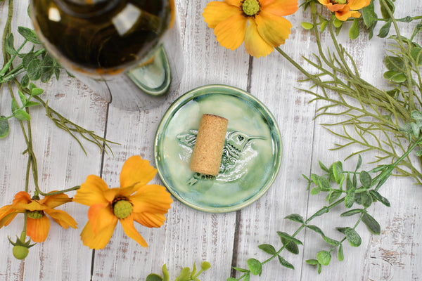 Hummingbird Ceramic Jewelry Trinket Dish, Handmade Coffee Spoon Rest, Stoneware Pottery Gift for Bird Lovers in Green, Teal, and Turquoise