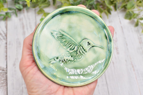 Hummingbird Ceramic Jewelry Trinket Dish, Handmade Coffee Spoon Rest, Stoneware Pottery Gift for Bird Lovers in Green, Teal, and Turquoise