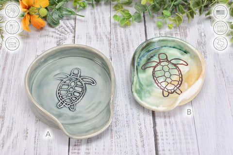 Sea Turtle Ceramic Stove Top Spoon Rest in Blue Gray, Teal, Green, Yellow - Handmade Beachy Ocean Life Decor Stoneware Pottery