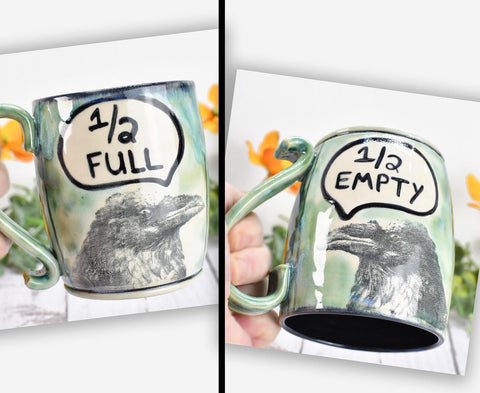 Optimist Pessimist Raven Bird Mug, Handmade Pottery Coffee Cup, Funny Ceramic Stoneware Gift, Microwave Safe, Glass is Half Full Half Empty