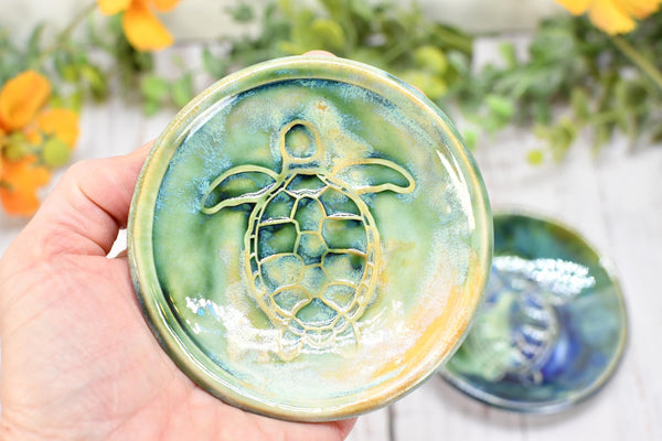 Sea Turtle Ceramic Small Coffee Spoon Rest in Blue, Teal, Green - Handmade Beachy Ocean Life Decor Stoneware Pottery