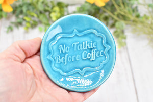 No Talkie Before Coffee Ceramic Small Spoon Rest, Handmade Stoneware Pottery Jewelry Trinket Dish, Gray, Teal, Turquoise Patina Green Skull