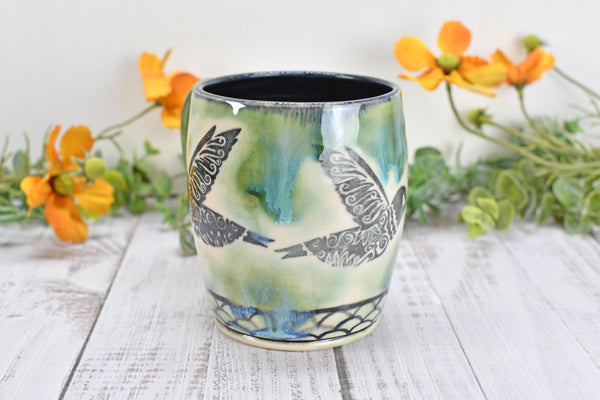 Hummingbird Ceramic Coffee Cup, Handmade Stoneware Pottery Gift for Bird Lovers, Hand Painted in Drippy Green, Black & White