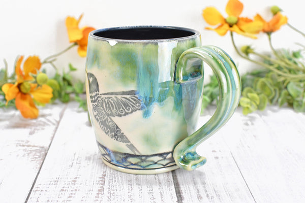 Hummingbird Ceramic Coffee Cup, Handmade Stoneware Pottery Gift for Bird Lovers, Hand Painted in Drippy Green, Black & White