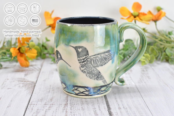 Hummingbird Ceramic Coffee Cup, Handmade Stoneware Pottery Gift for Bird Lovers, Hand Painted in Drippy Green, Black & White