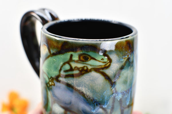 Gecko Lizard Mug Handmade Pottery Nature Lover Gift, Ceramic Coffee Cup, Stoneware Hand Painted in Blue, Green & Black, Ready to Ship